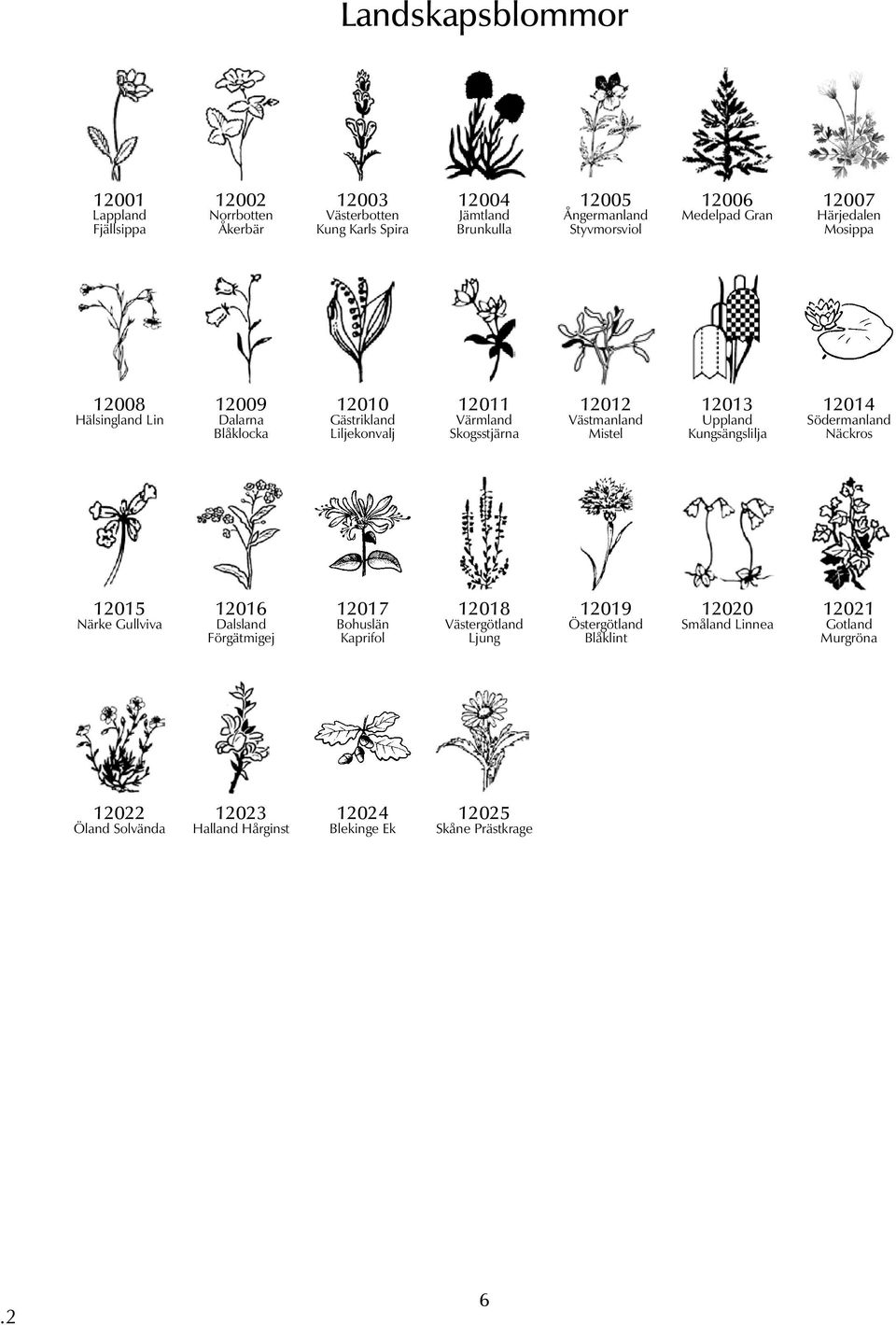 Västmanland Mistel 12013 Uppland Kungsängslilja 12014 Södermanland Näckros 12015 Närke Gullviva 12016 Dalsland Förgätmigej 12017 Bohuslän Kaprifol 12018
