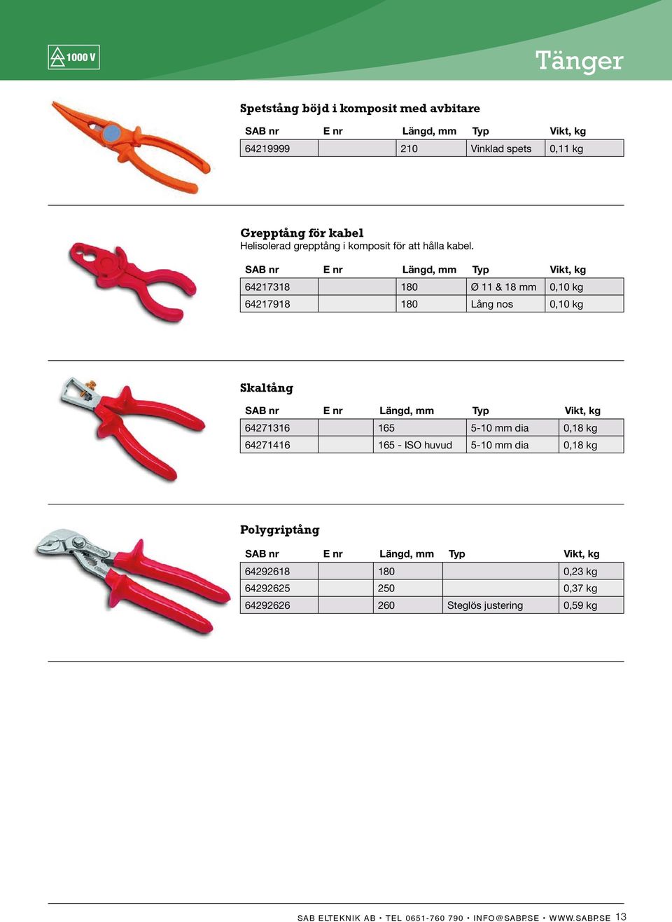 SAB nr E nr Längd, mm Typ Vikt, kg 64217318 180 Ø 11 & 18 mm 0,10 kg 64217918 180 Lång nos 0,10 kg Skaltång SAB nr E nr Längd, mm Typ Vikt, kg