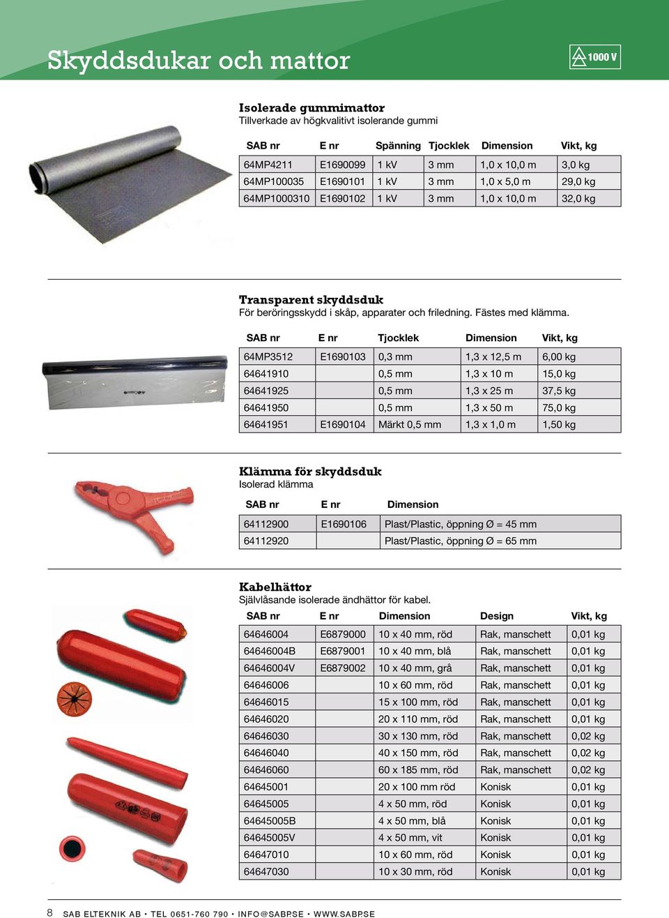 SAB nr E nr Tjocklek Dimension Vikt, kg 64MP3512 E1690103 0,3 mm 1,3 x 12,5 m 6,00 kg 64641910 0,5 mm 1,3 x 10 m 15,0 kg 64641925 0,5 mm 1,3 x 25 m 37,5 kg 64641950 0,5 mm 1,3 x 50 m 75,0 kg 64641951