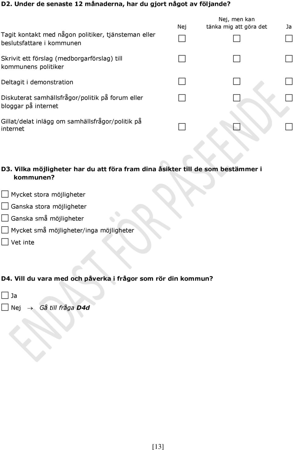 politiker Deltagit i demonstration Diskuterat samhällsfrågor/politik på forum eller bloggar på internet Gillat/delat inlägg om samhällsfrågor/politik på internet D3.