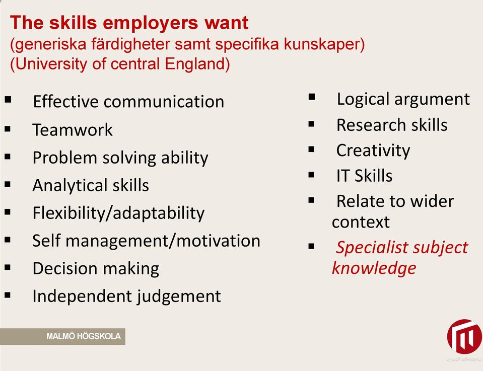 Flexibility/adaptability Self management/motivation Decision making Independent judgement