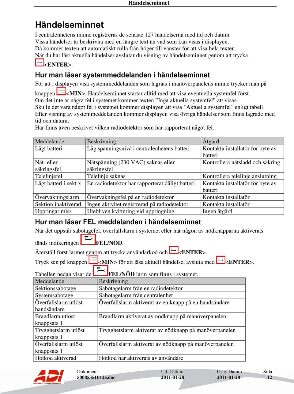 Hur man läser systemmeddelanden i händelseminnet För att i displayen visa systemmeddelanden som lagrats i manöverpanelens minne trycker man på knappen <MIN>.