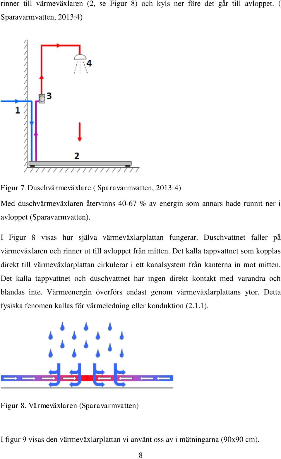 I Figur 8 visas hur själva värmeväxlarplattan fungerar. Duschvattnet faller på värmeväxlaren och rinner ut till avloppet från mitten.