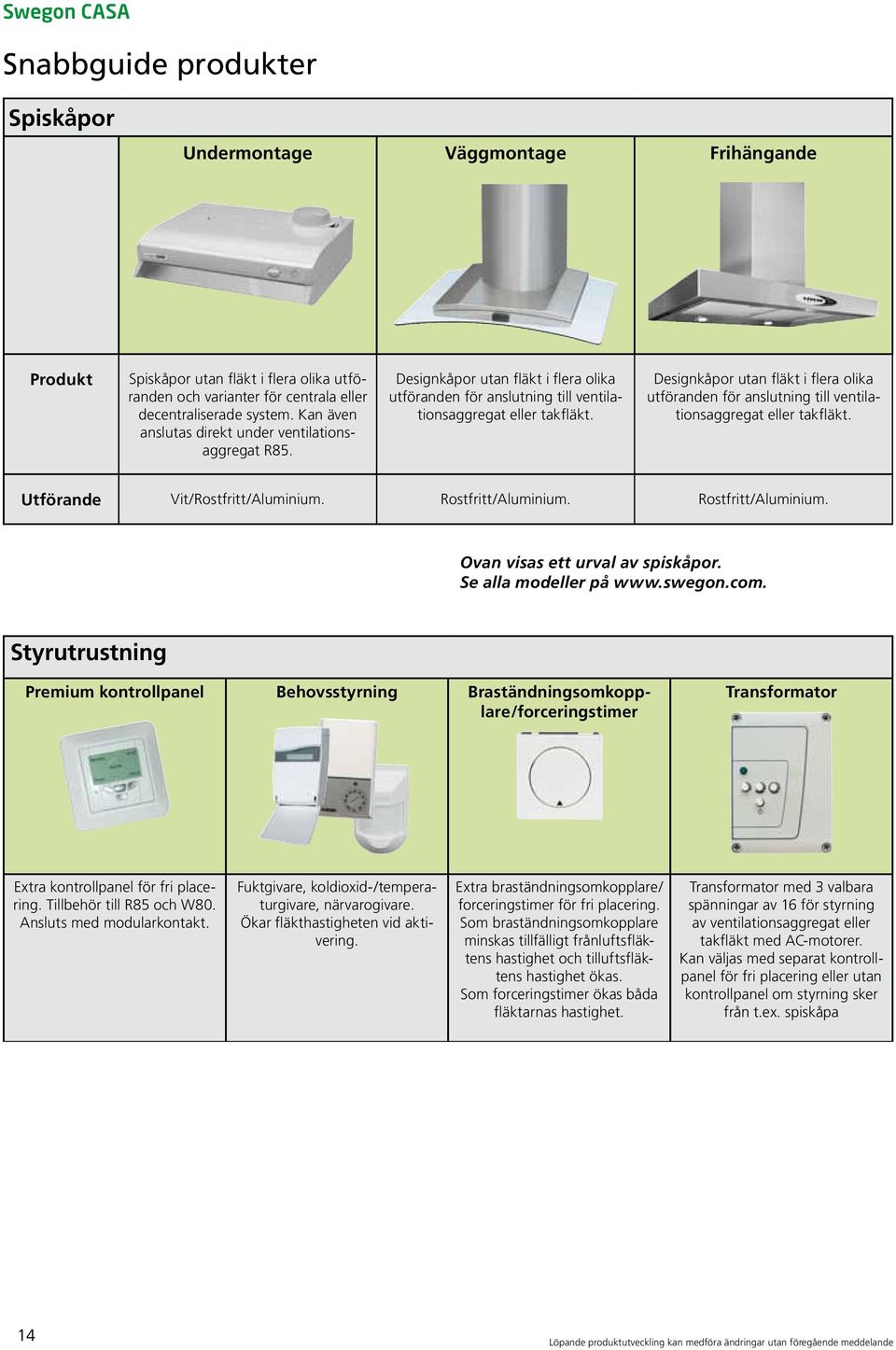 Designkåpor utan fläkt i flera olika utföranden för anslutning till ventilationsaggregat eller takfläkt. Utförande Vit/Rostfritt/Aluminium. Rostfritt/Aluminium. Rostfritt/Aluminium. Ovan visas ett urval av spiskåpor.