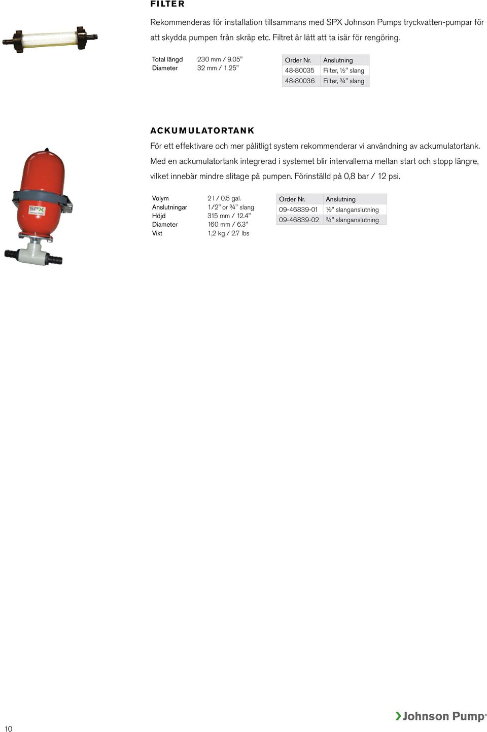 Anslutning 48-80035 Filter, ½" slang 48-80036 Filter, ¾" slang Ackumulatortank För ett effektivare och mer pålitligt system rekommenderar vi användning av ackumulatortank.