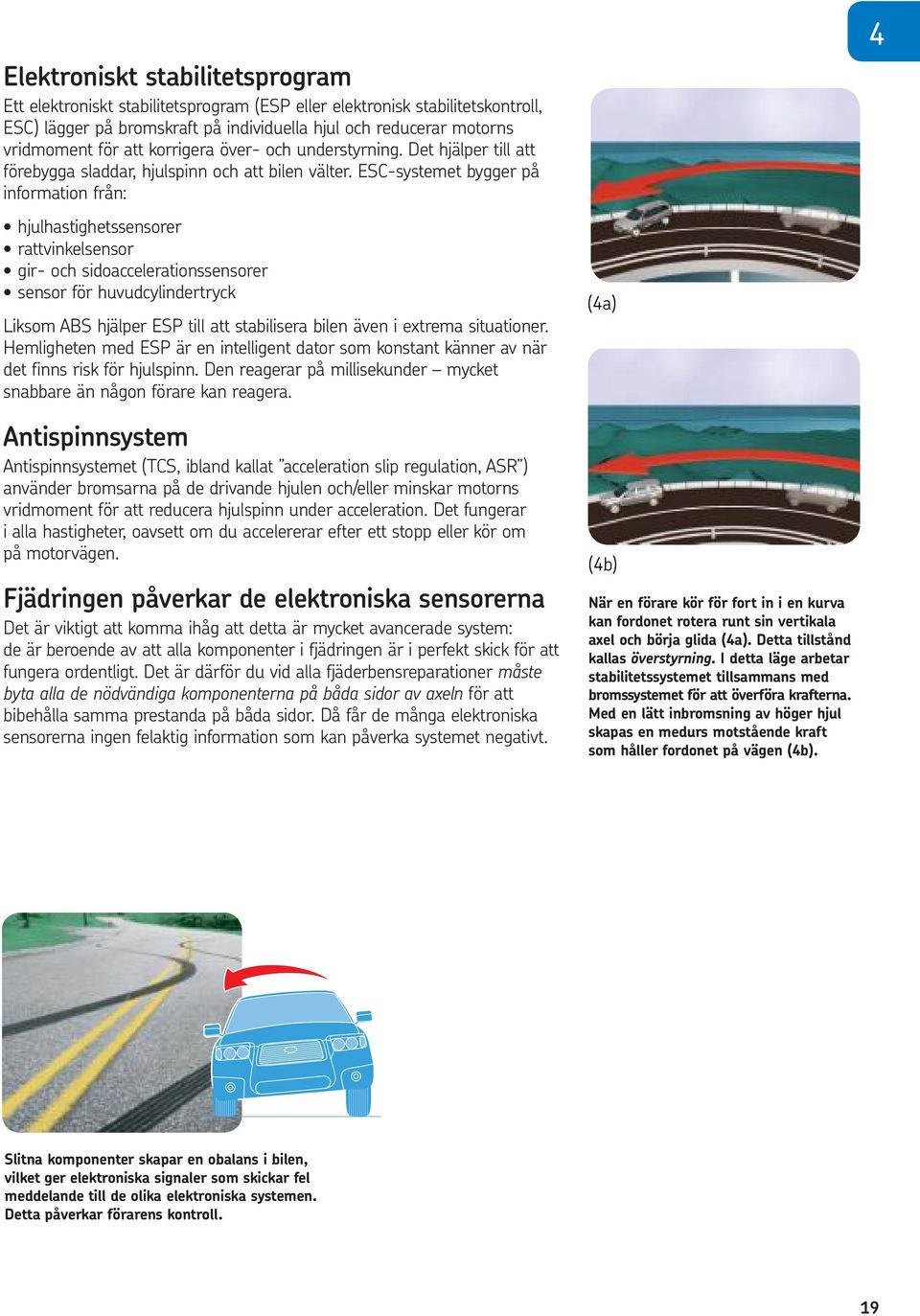 ESC-systemet bygger på information från: hjulhastighetssensorer rattvinkelsensor gir- och sidoaccelerationssensorer sensor för huvudcylindertryck Liksom ABS hjälper ESP till att stabilisera bilen