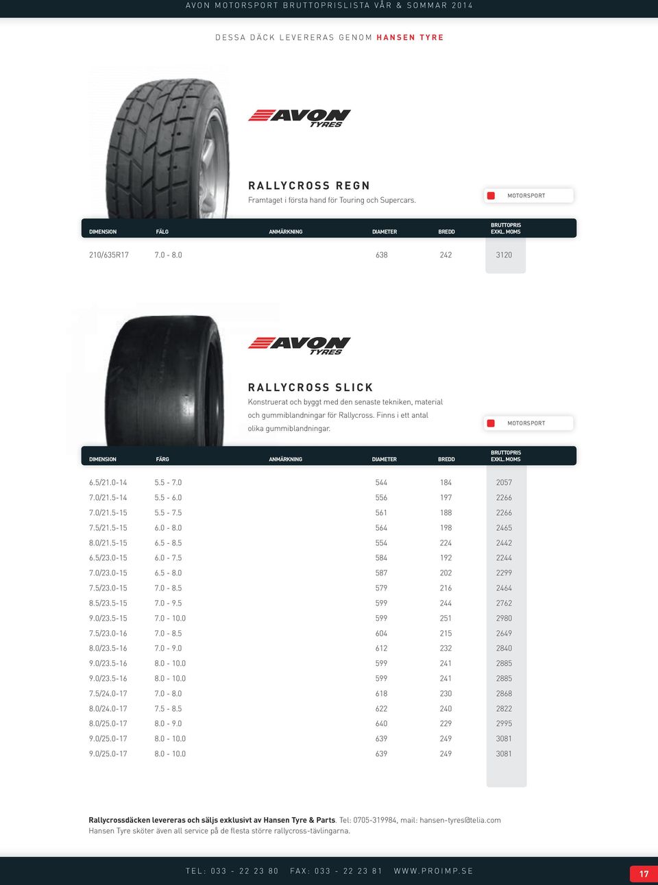 DIMENSION FÄRG ANMÄRKNING DIAMETER BREDD 6.5/21.0-14 5.5-7.0 544 184 2057 7.0/21.5-14 5.5-6.0 556 197 2266 7.0/21.5-15 5.5-7.5 561 188 2266 7.5/21.5-15 6.0-8.0 564 198 2465 8.0/21.5-15 6.5-8.