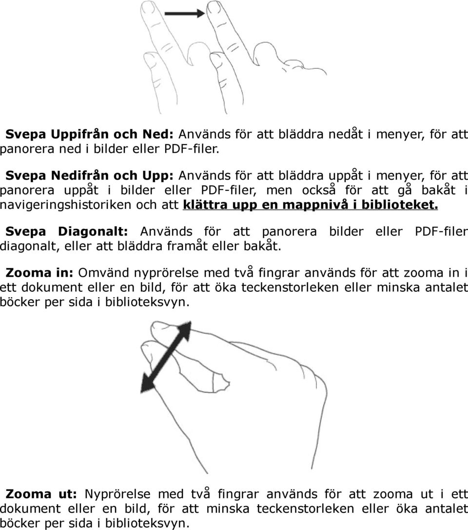 biblioteket. Svepa Diagonalt: Används för att panorera bilder eller PDF-filer diagonalt, eller att bläddra framåt eller bakåt.