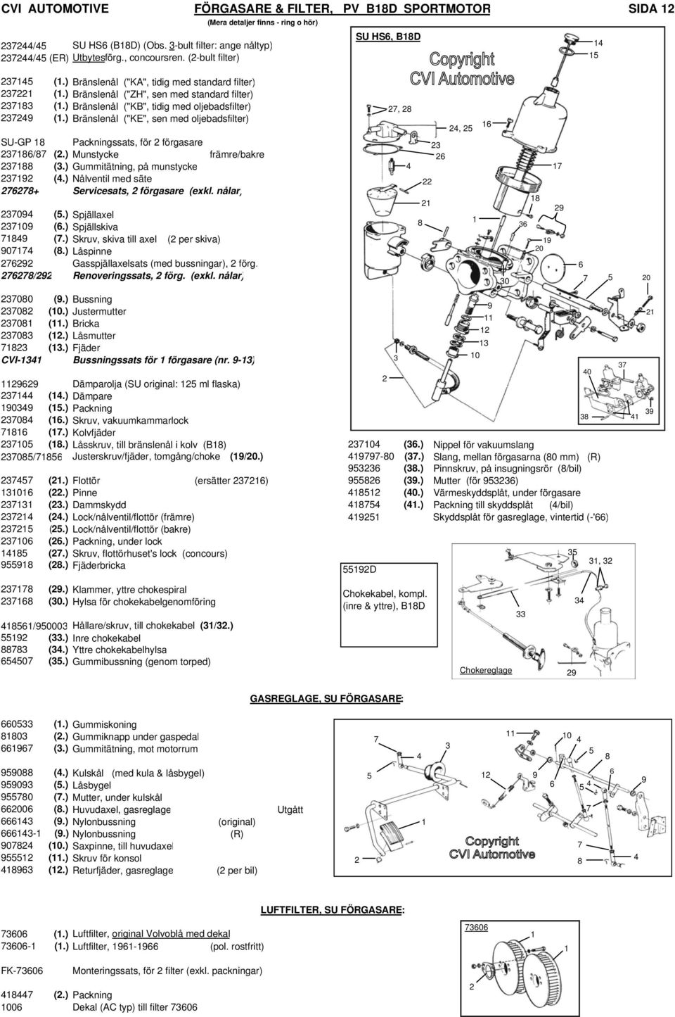 ) Bränslenål ("KE", sen med oljebadsfilter) SU-GP Packningssats, för förgasare / (.) Munstycke främre/bakre (.) Gummitätning, på munstycke (.) Nålventil med säte + Servicesats, förgasare (exkl.