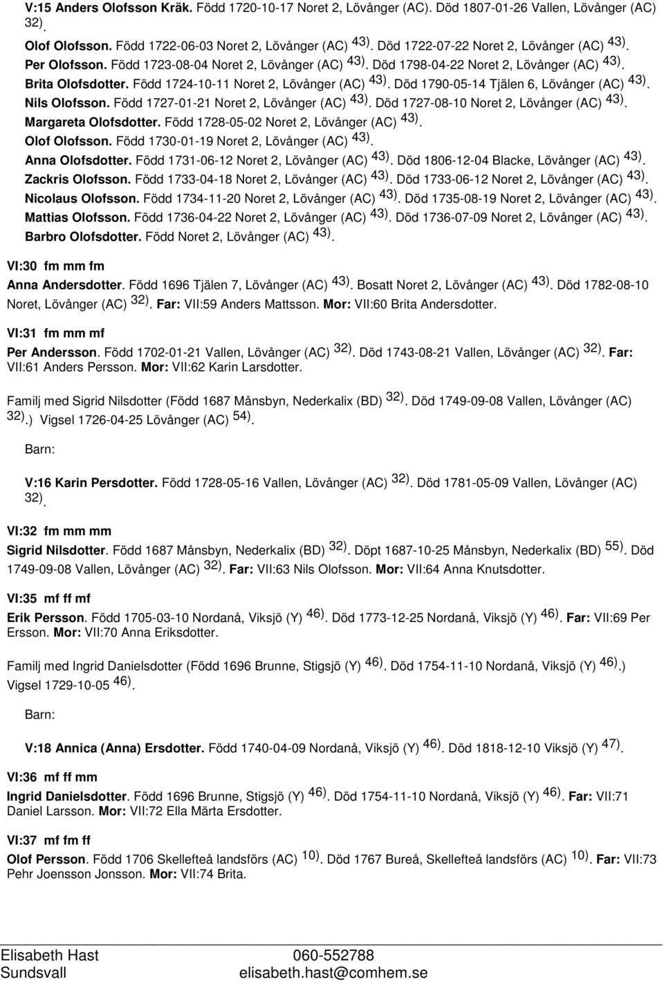 Född 1724-10-11 Noret 2, Lövånger (AC) 43). Död 1790-05-14 Tjälen 6, Lövånger (AC) 43). Nils Olofsson. Född 1727-01-21 Noret 2, Lövånger (AC) 43). Död 1727-08-10 Noret 2, Lövånger (AC) 43).