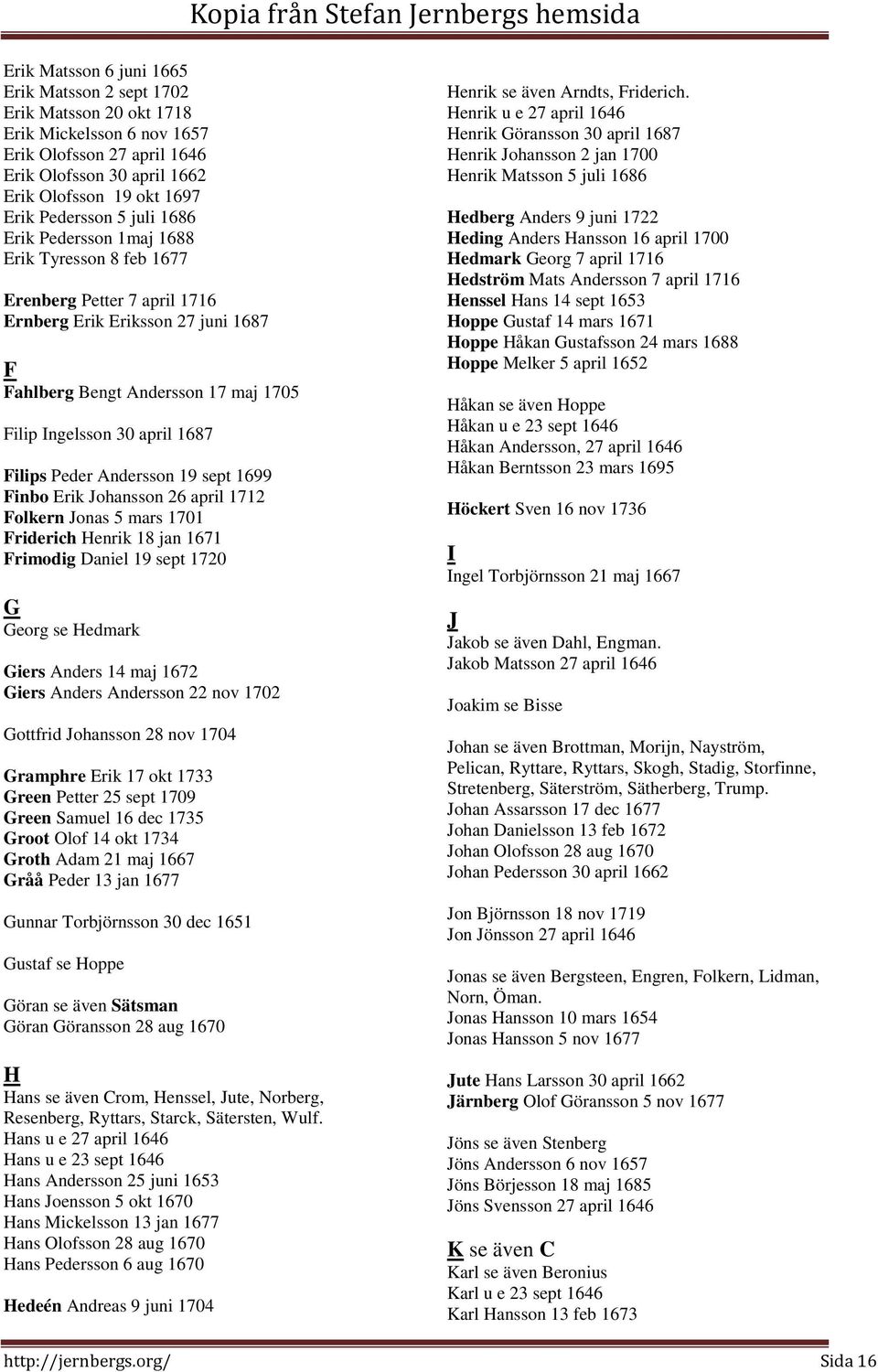 Filips Peder Andersson 19 sept 1699 Finbo Erik Johansson 26 april 1712 Folkern Jonas 5 mars 1701 Friderich Henrik 18 jan 1671 Frimodig Daniel 19 sept 1720 G Georg se Hedmark Giers Anders 14 maj 1672