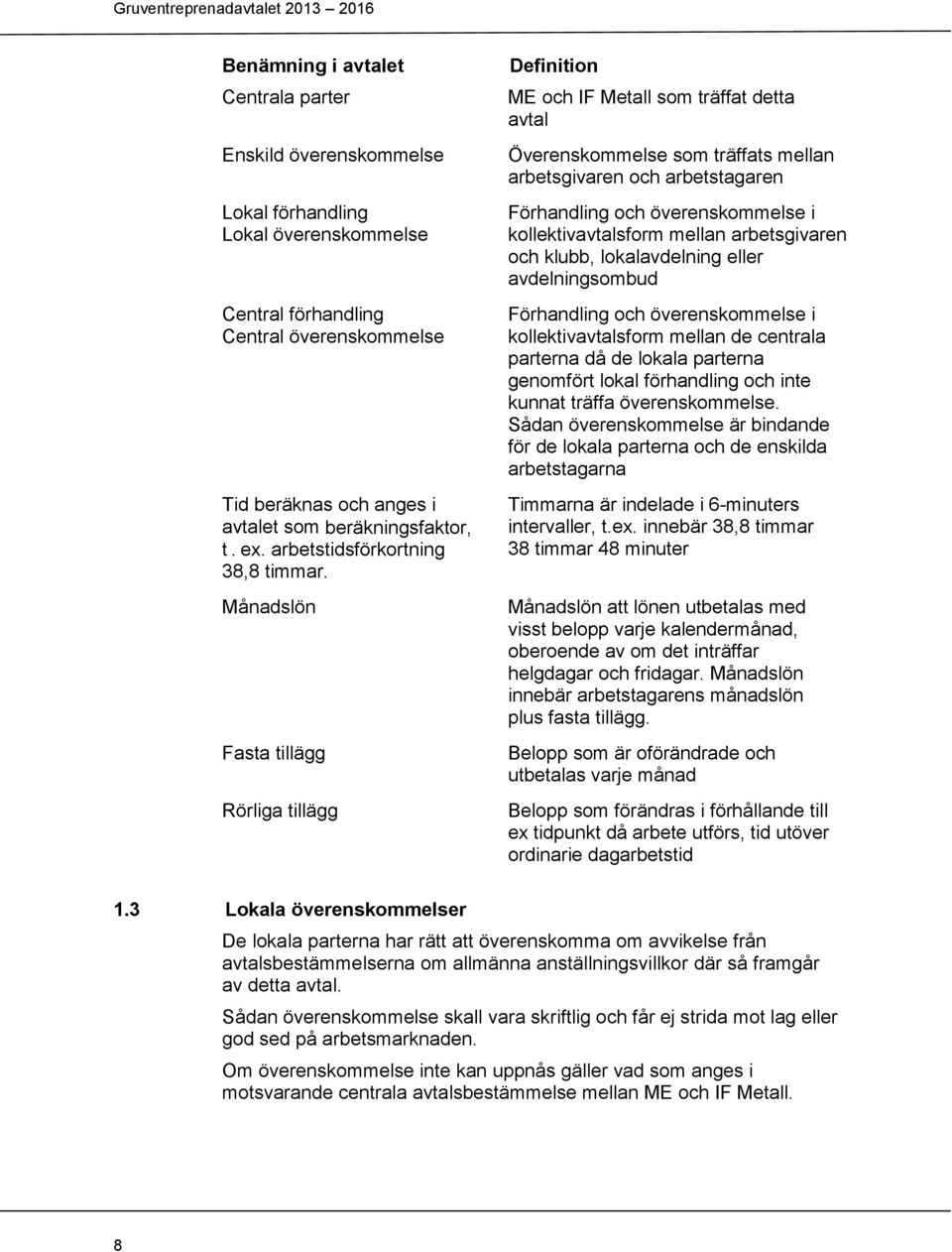 Månadslön Fasta tillägg Rörliga tillägg Definition ME och IF Metall som träffat detta avtal Överenskommelse som träffats mellan arbetsgivaren och arbetstagaren Förhandling och överenskommelse i