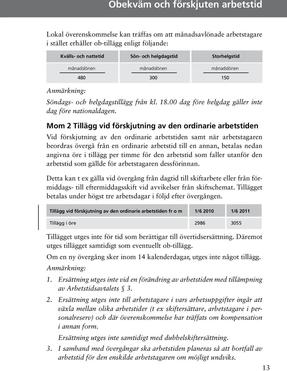 Mom 2 Tillägg vid förskjutning av den ordinarie arbetstiden Vid förskjutning av den ordinarie arbetstiden samt när arbetstagaren beordras övergå från en ordinarie arbetstid till en annan, betalas