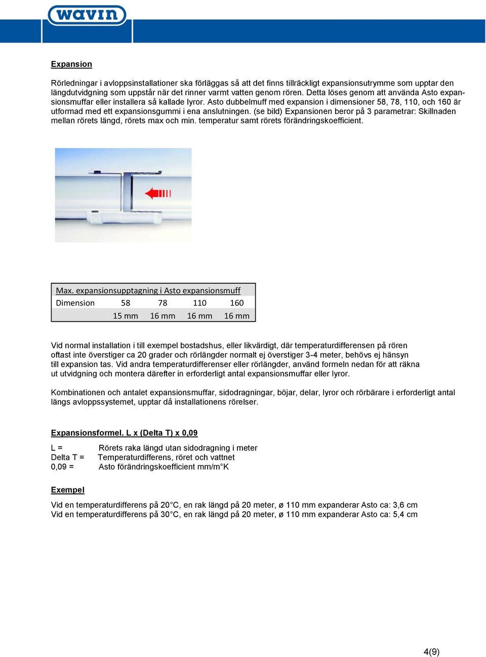 Asto dubbelmuff med expansion i dimensioner 58, 78, 110, och 160 är utformad med ett expansionsgummi i ena anslutningen.