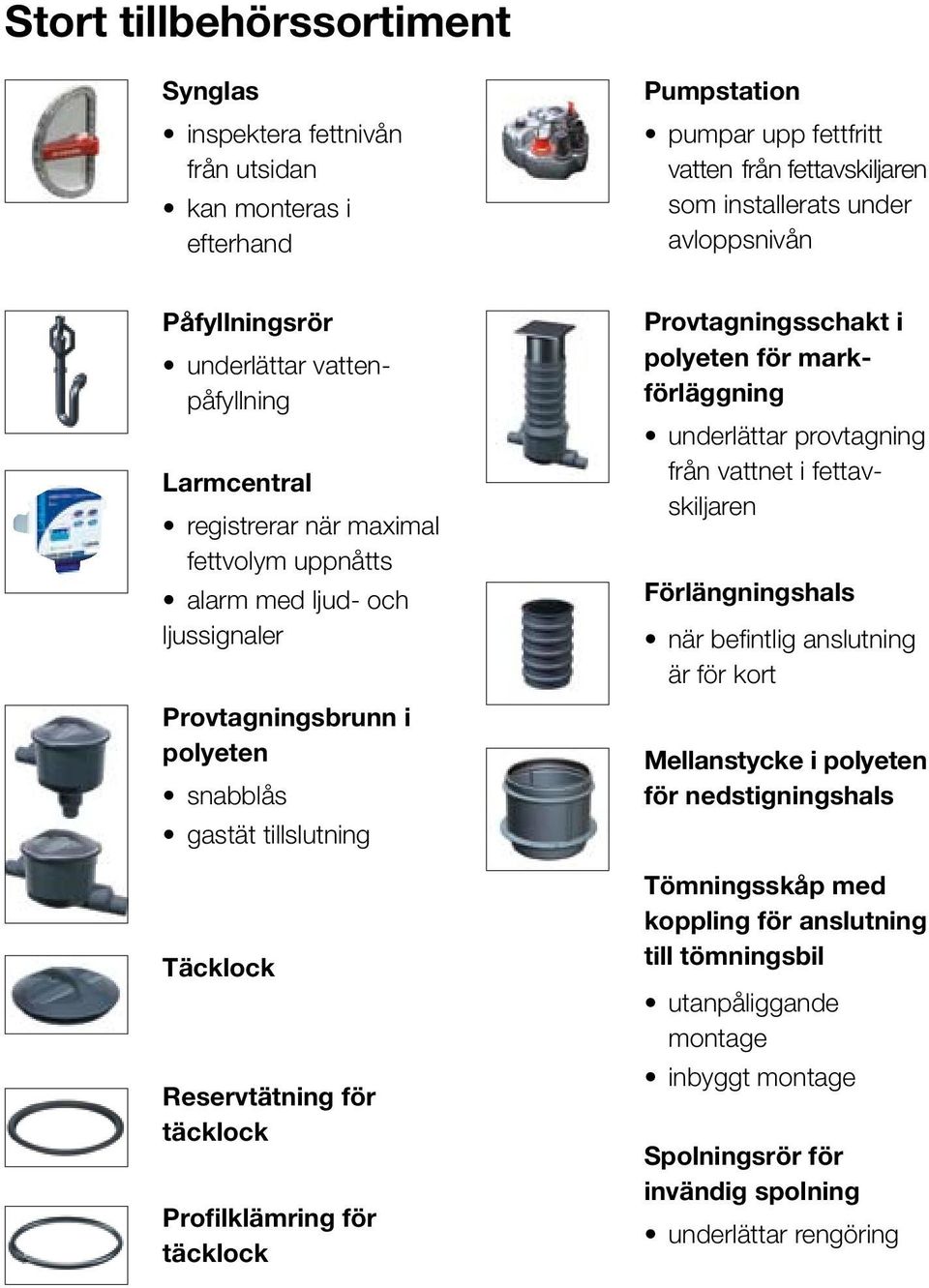 Reservtätning för täcklock Profilklämring för täcklock Provtagningsschakt i polyeten för markförläggning underlättar provtagning från vattnet i fettavskiljaren Förlängningshals när befintlig