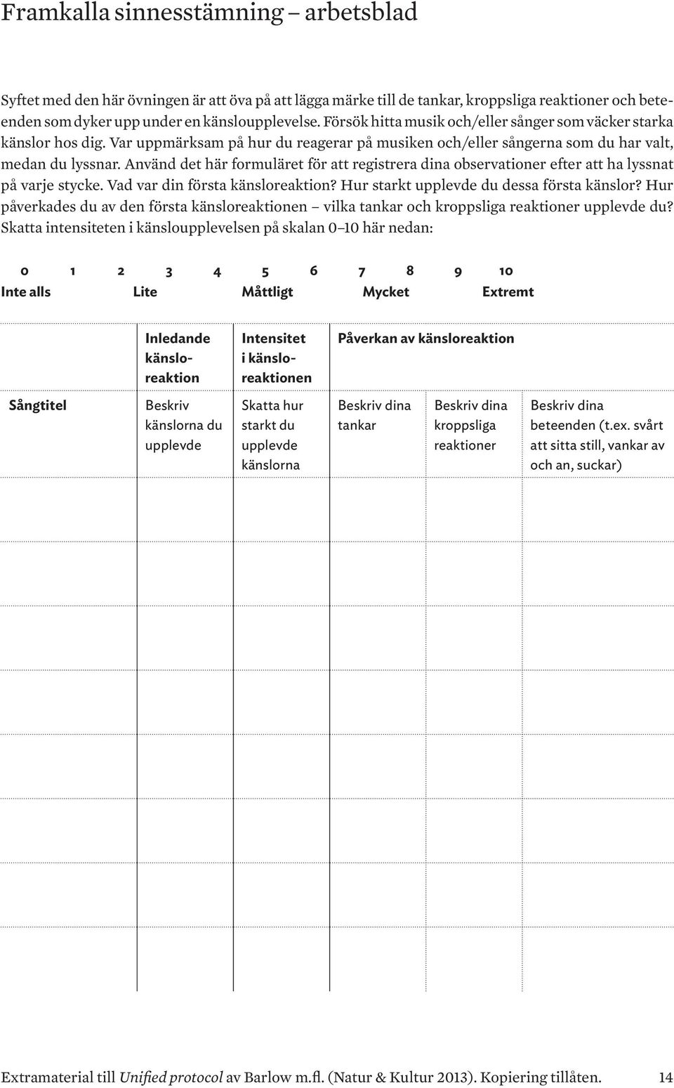 Använd det här formuläret för att registrera dina observationer efter att ha lyssnat på varje stycke. Vad var din första känsloreaktion? Hur starkt upplevde du dessa första känslor?