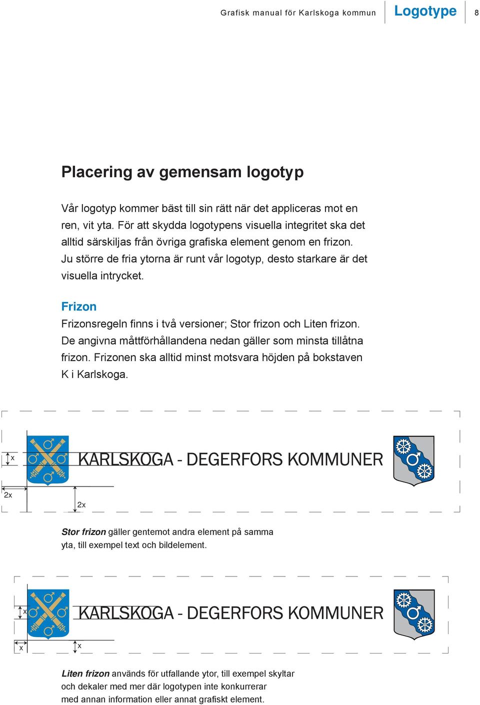 Ju större de fria ytorna är runt vår logotyp, desto starkare är det visuella intrycket. Frizon Frizonsregeln finns i två versioner; Stor frizon och Liten frizon.