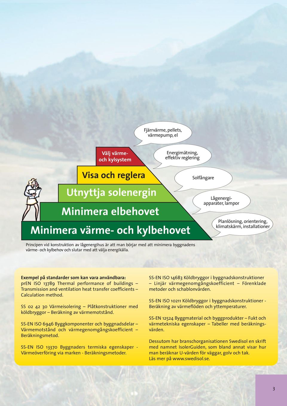 Solfångare Lågenergiapparater, lampor Planlösning, orientering, klimatskärm, installationer Exempel på standarder som kan vara användbara: pren ISO 13789 Thermal performance of buildings Transmission