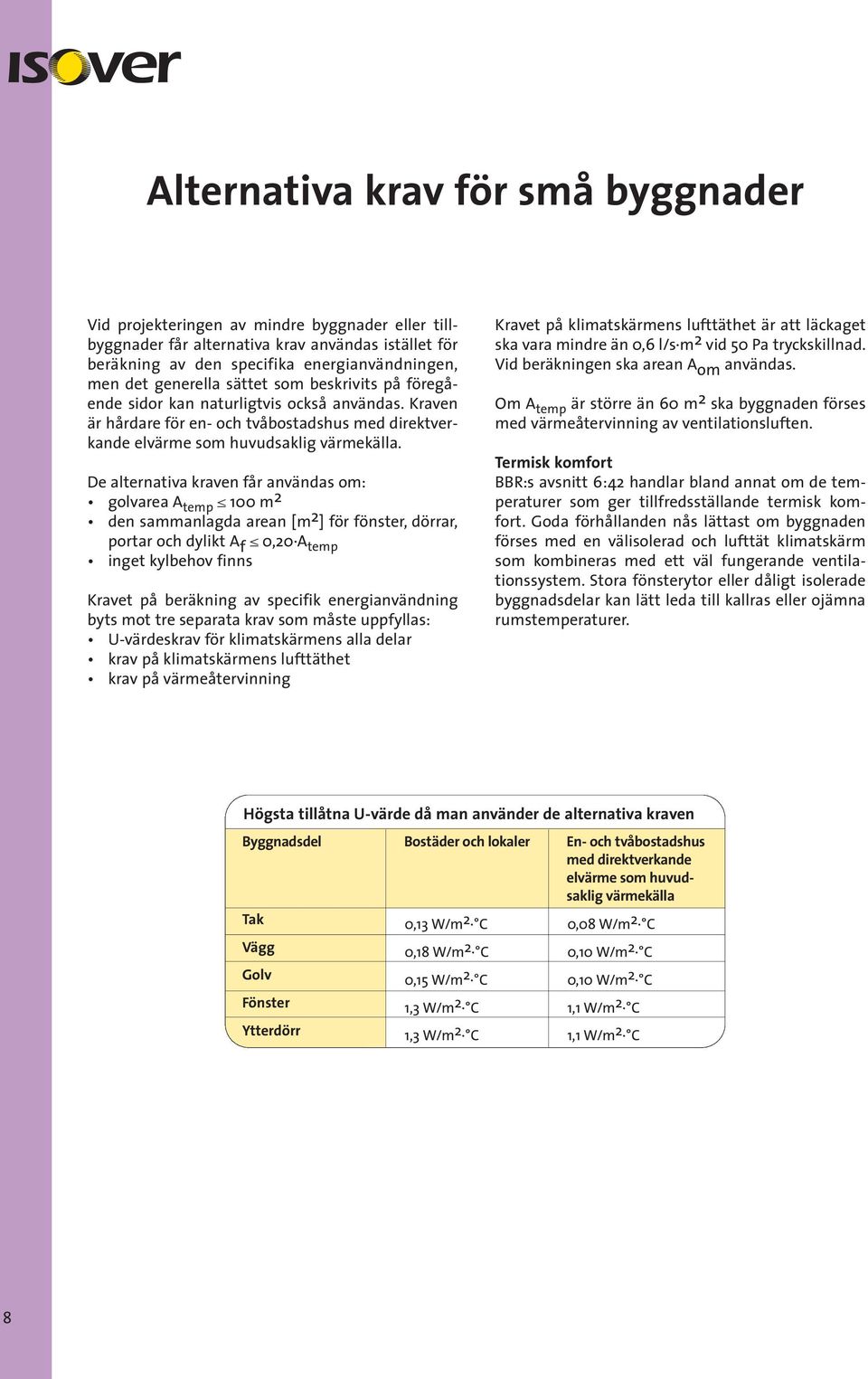 De alternativa kraven får användas om: golvarea A temp 100 m 2 den sammanlagda arean [m 2 ] för fönster, dörrar, portar och dylikt A f 0,20 A temp inget kylbehov finns Kravet på beräkning av specifik