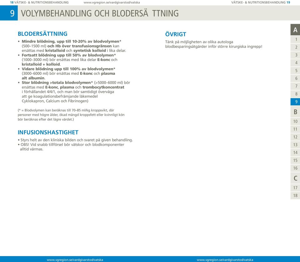 Vidare blödning upp till 00% av blodvolymen* (000 000 ml) bör ersättas med E-konc och plasma alt albumin.