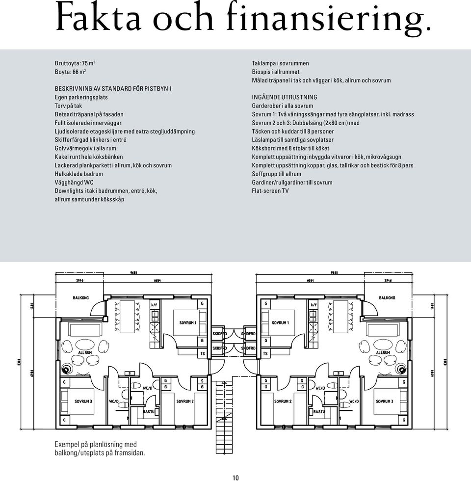 stegljuddämpning Skifferfärgad klinkers i entré Golvvärmegolv i alla rum Kakel runt hela köksbänken Lackerad plankparkett i allrum, kök och sovrum Helkaklade badrum Vägghängd WC Downlights i tak i