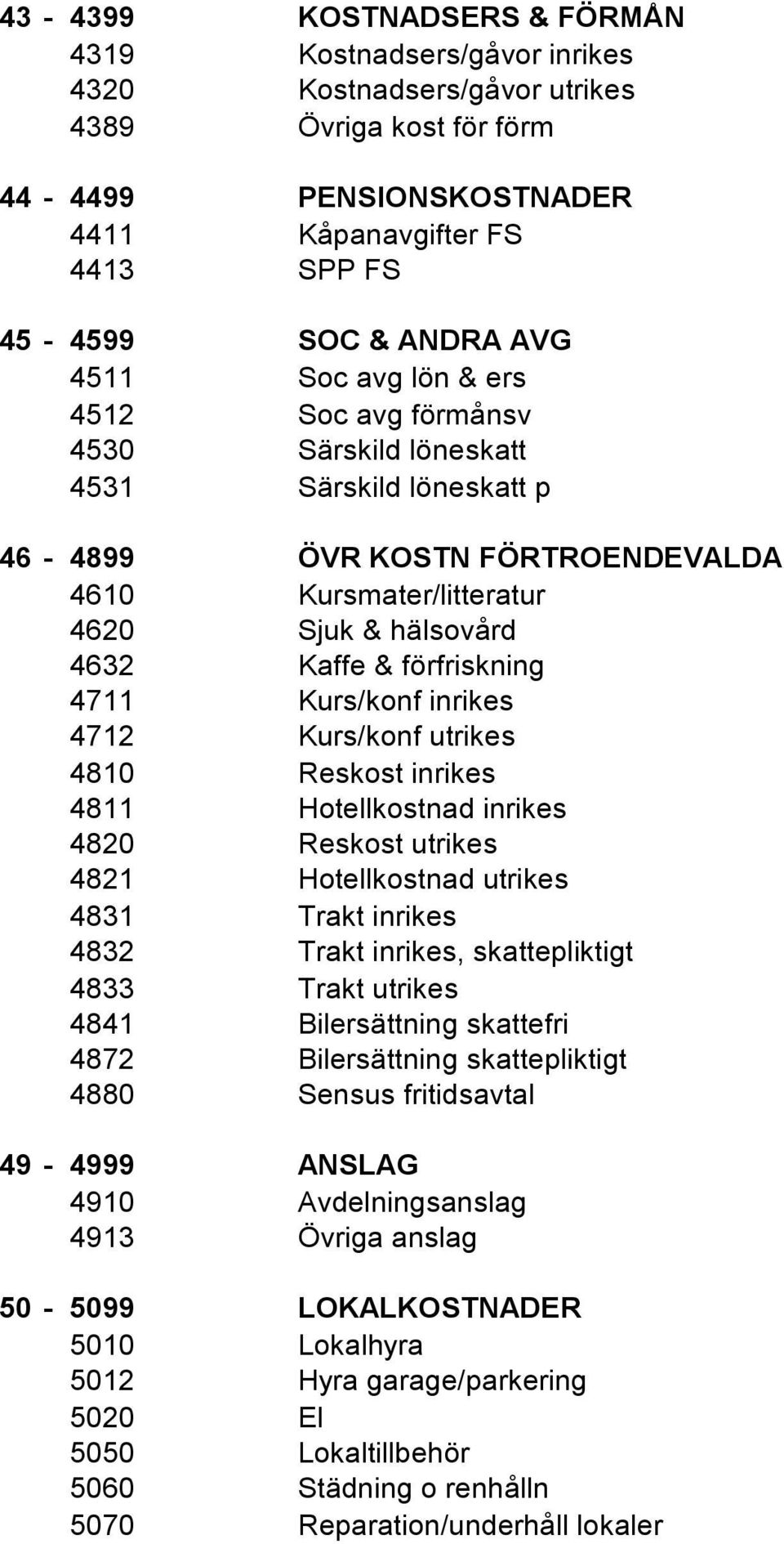 förfriskning 4711 Kurs/konf inrikes 4712 Kurs/konf utrikes 4810 Reskost inrikes 4811 Hotellkostnad inrikes 4820 Reskost utrikes 4821 Hotellkostnad utrikes 4831 Trakt inrikes 4832 Trakt inrikes,