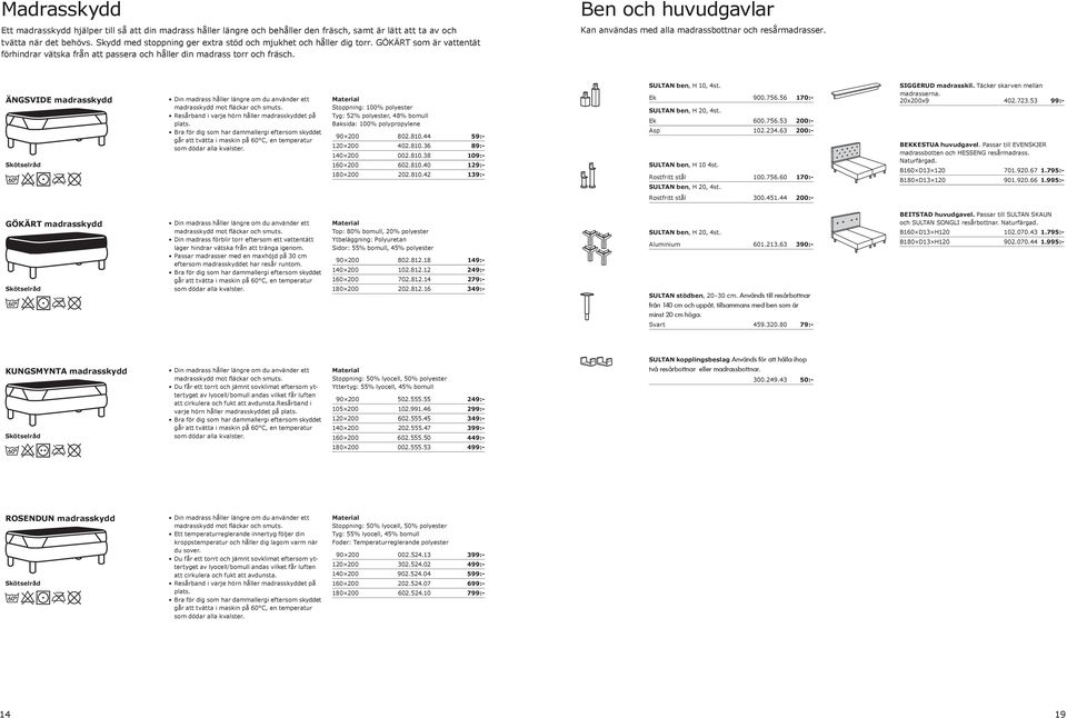 Ben och huvudgavlar Kan användas med alla madrassbottnar och resårmadrasser. ÄNGSVIDE madrasskydd Din madrass håller längre om du använder ett madrasskydd mot fläckar och smuts.