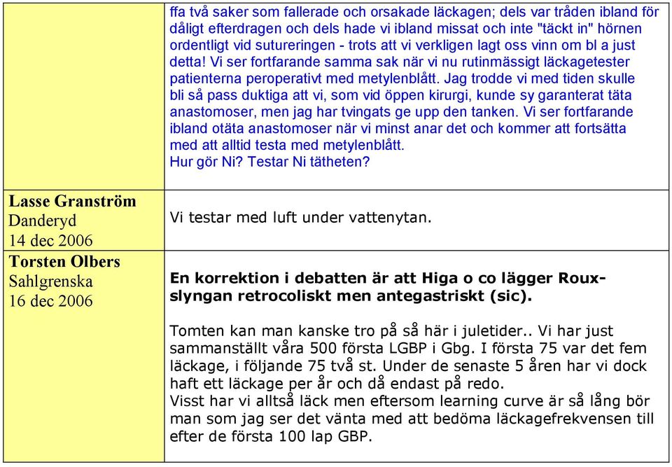 Jag trodde vi med tiden skulle bli så pass duktiga att vi, som vid öppen kirurgi, kunde sy garanterat täta anastomoser, men jag har tvingats ge upp den tanken.