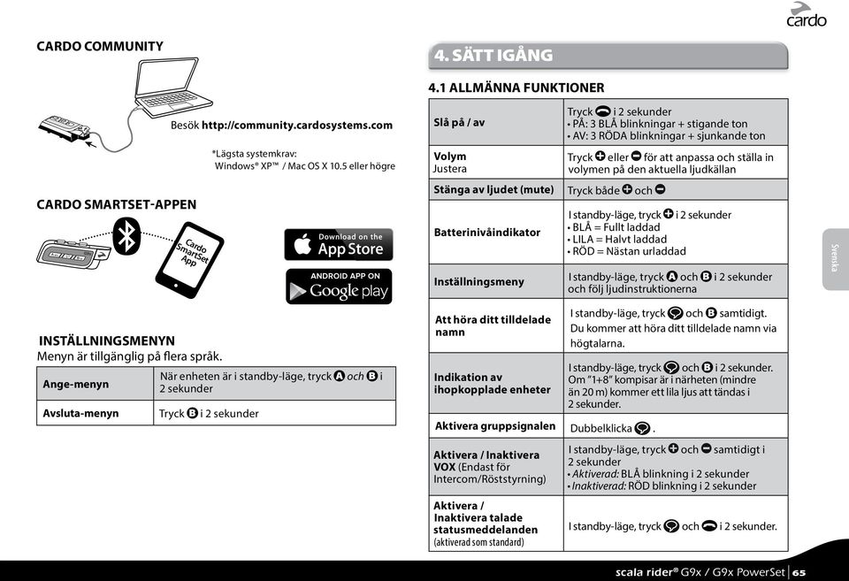 1 ALLMÄNNA FUNKTIONER Slå på / av Volym Justera Stänga av ljudet (mute) Tryck både och Batterinivåindikator Inställningsmeny Tryck i 2 sekunder PÅ: 3 BLÅ blinkningar + stigande ton AV: 3 RÖDA