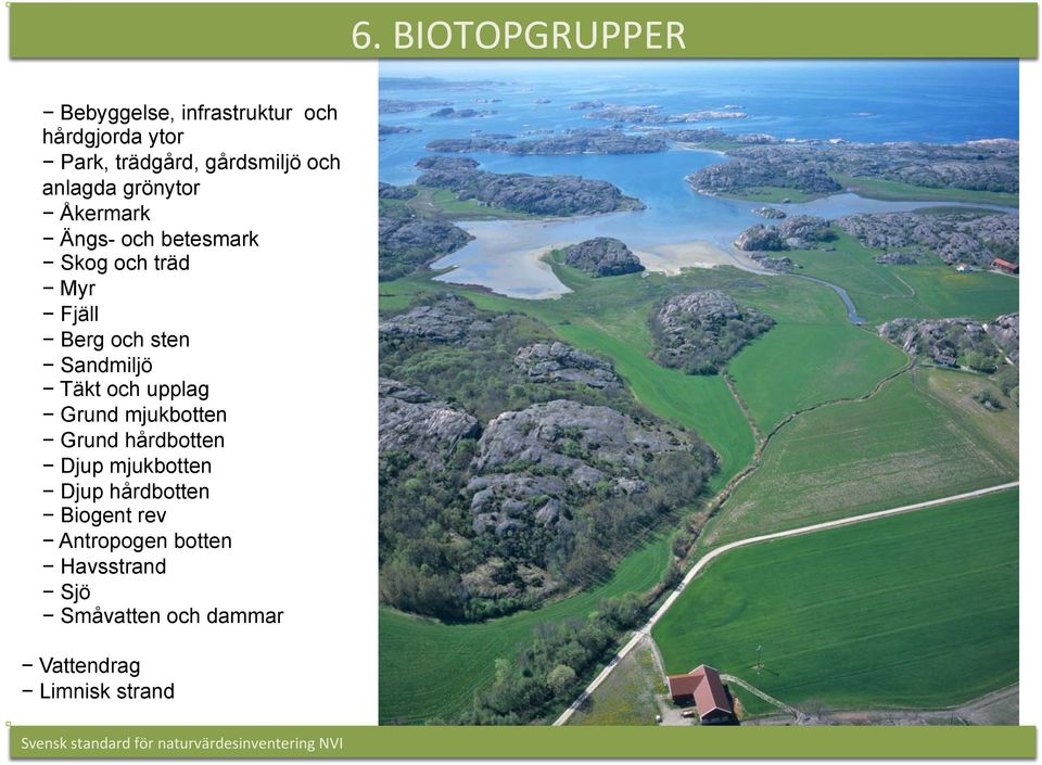 och anlagda grönytor Åkermark Ängs- och betesmark Skog och träd Myr Fjäll Berg och sten Sandmiljö