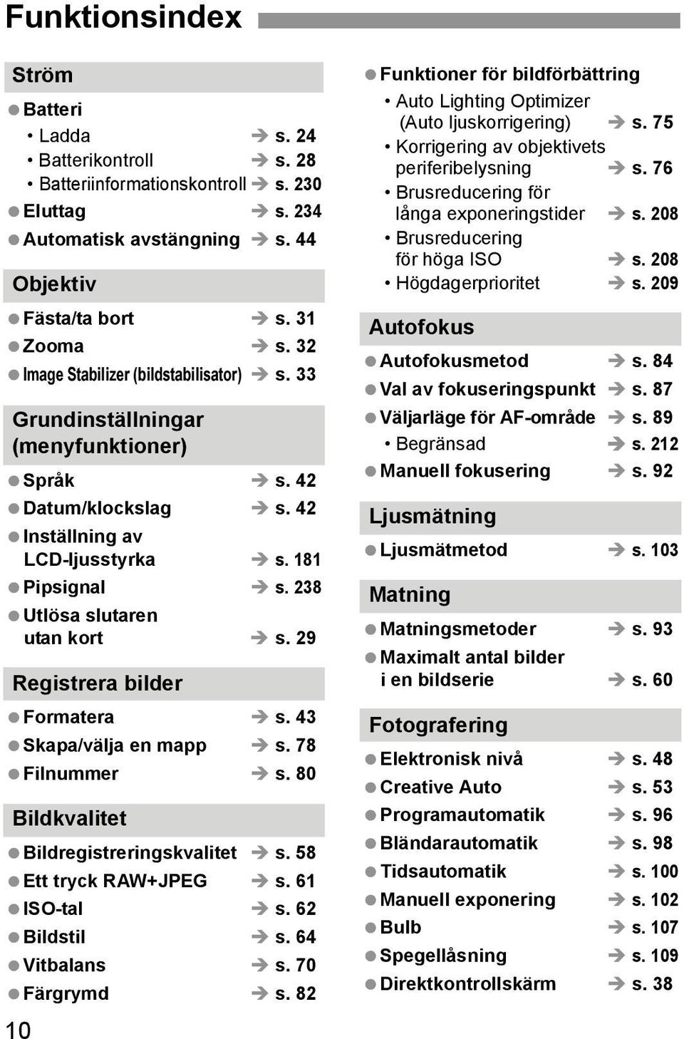 29 Registrera bilder Formatera s. 43 Skapa/välja en mapp s. 78 Filnummer s. 80 Bildkvalitet Bildregistreringskvalitet s. 58 Ett tryck RAW+JPEG s. 61 ISO-tal s. 62 Bildstil s. 64 Vitbalans s.