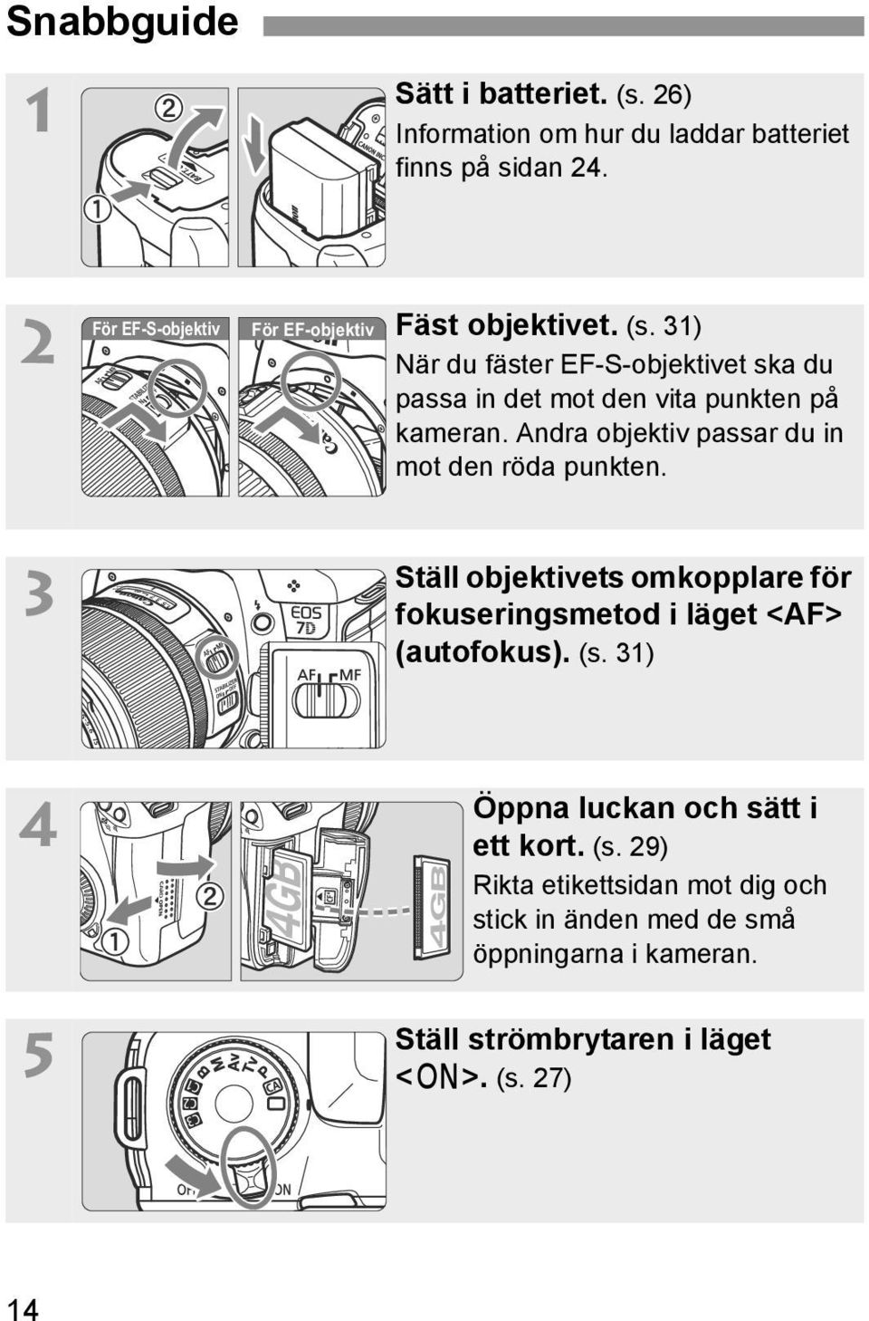 31) När du fäster EF-S-objektivet ska du passa in det mot den vita punkten på kameran. Andra objektiv passar du in mot den röda punkten.
