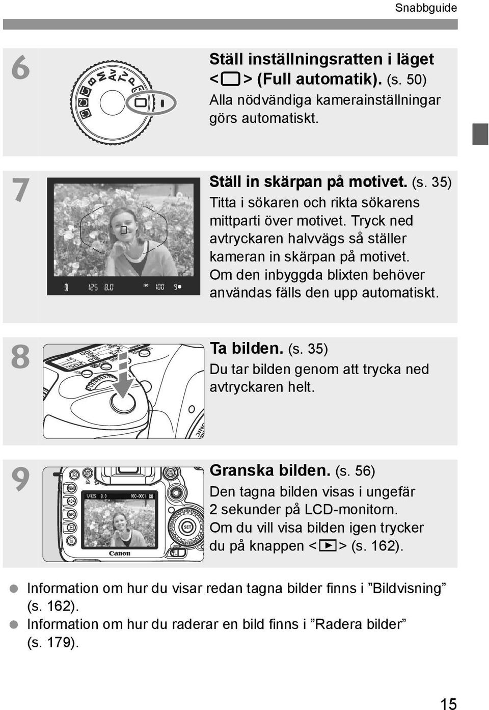 35) Du tar bilden genom att trycka ned avtryckaren helt. 9 Granska bilden. (s. 56) Den tagna bilden visas i ungefär 2 sekunder på LCD-monitorn.
