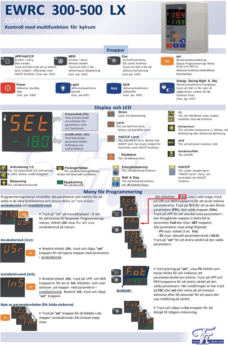 Tryck och håll in för att aktivera avfrostning. (inst par. H33) set Nå börvärdesinställning. Öppna Programmerings Meny (tryck och håll in). Aktiverar funktions-/bekräftelse kommandon.