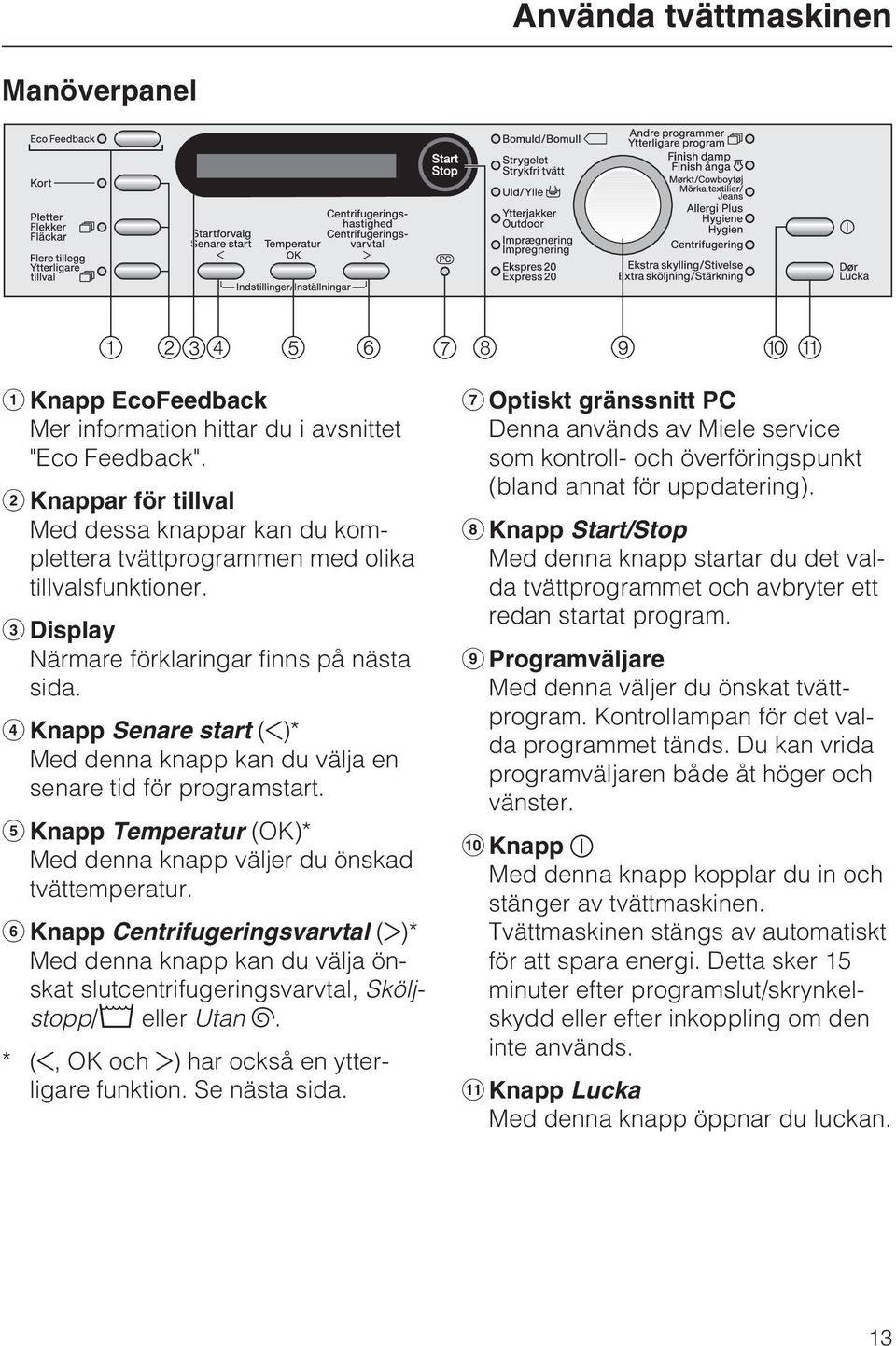 Knapp Senare start ( )* Med denna knapp kan du välja en senare tid för programstart. Knapp Temperatur (OK)* Med denna knapp väljer du önskad tvättemperatur.