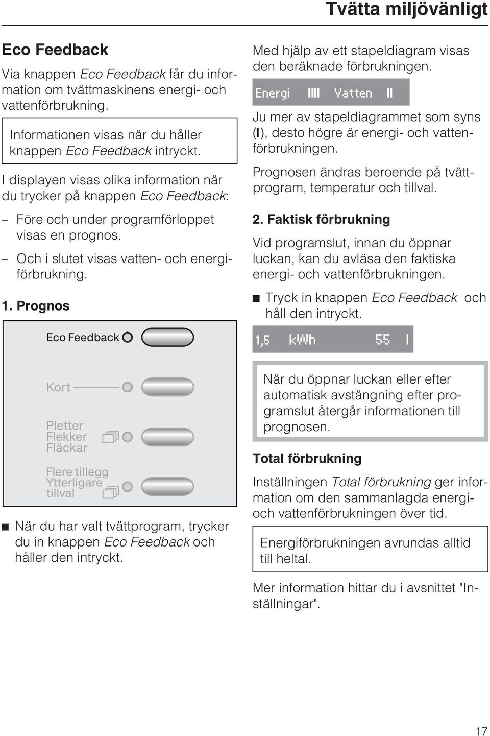 Prognos Med hjälp av ett stapeldiagram visas den beräknade förbrukningen. Energi Vatten Ju mer av stapeldiagrammet som syns ( ), desto högre är energi- och vattenförbrukningen.