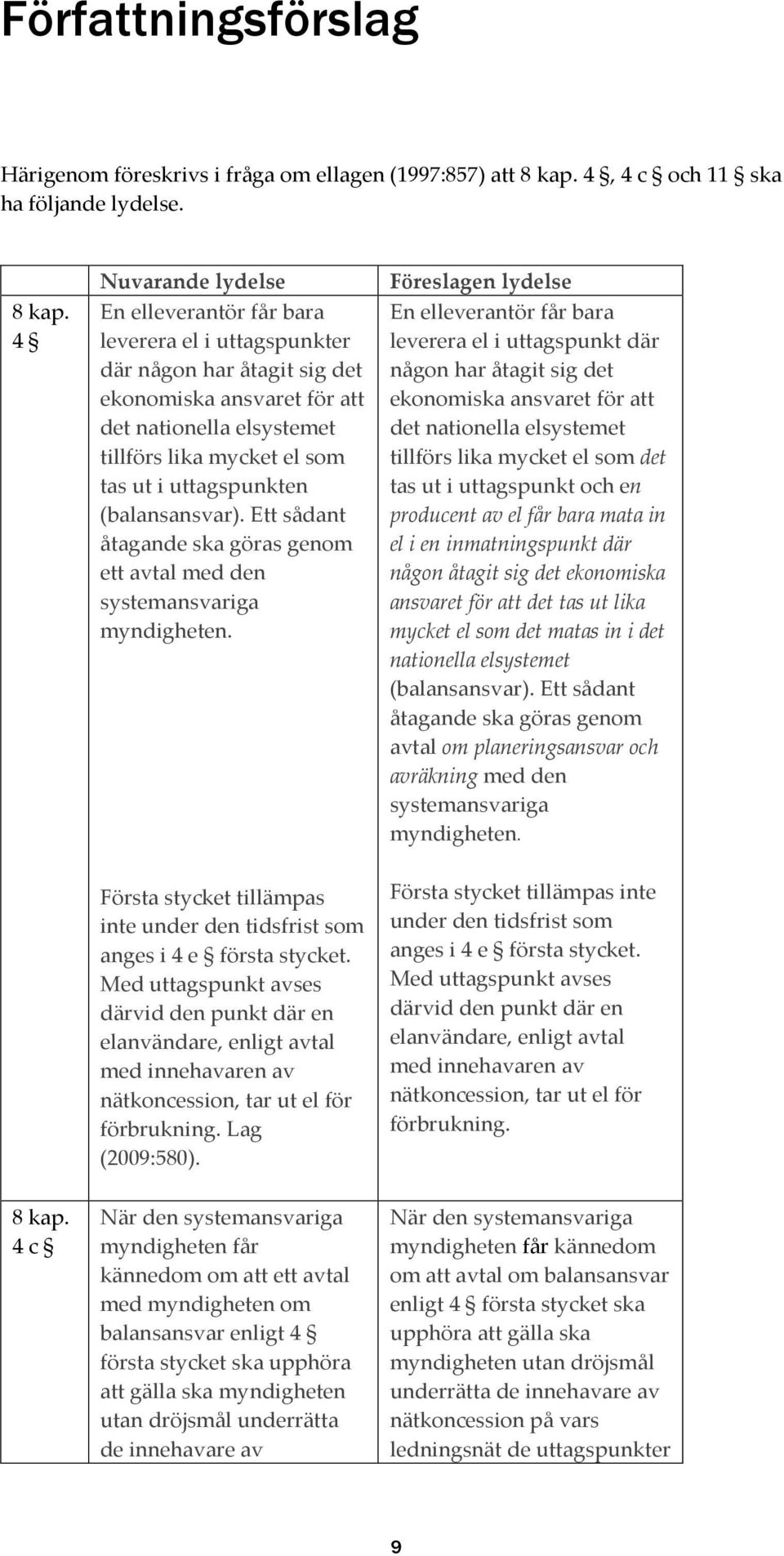 4 Nuvarande lydelse En elleverantör får bara leverera el i uttagspunkter där någon har åtagit sig det ekonomiska ansvaret för att det nationella elsystemet tillförs lika mycket el som tas ut i