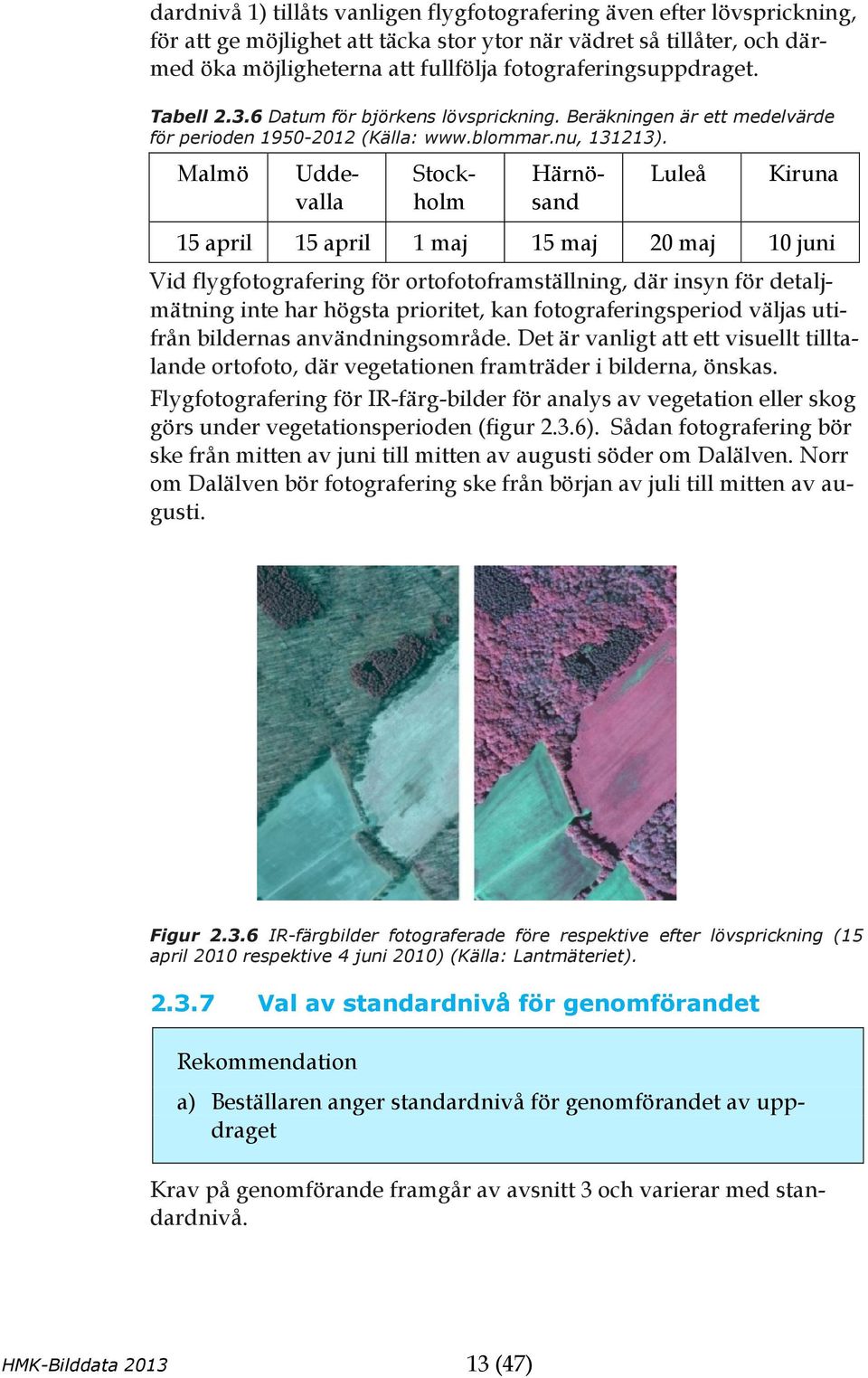 Malmö Uddevalla Stockholm Härnösand Luleå Kiruna 15 april 15 april 1 maj 15 maj 20 maj 10 juni Vid flygfotografering för ortofotoframställning, där insyn för detaljmätning inte har högsta prioritet,