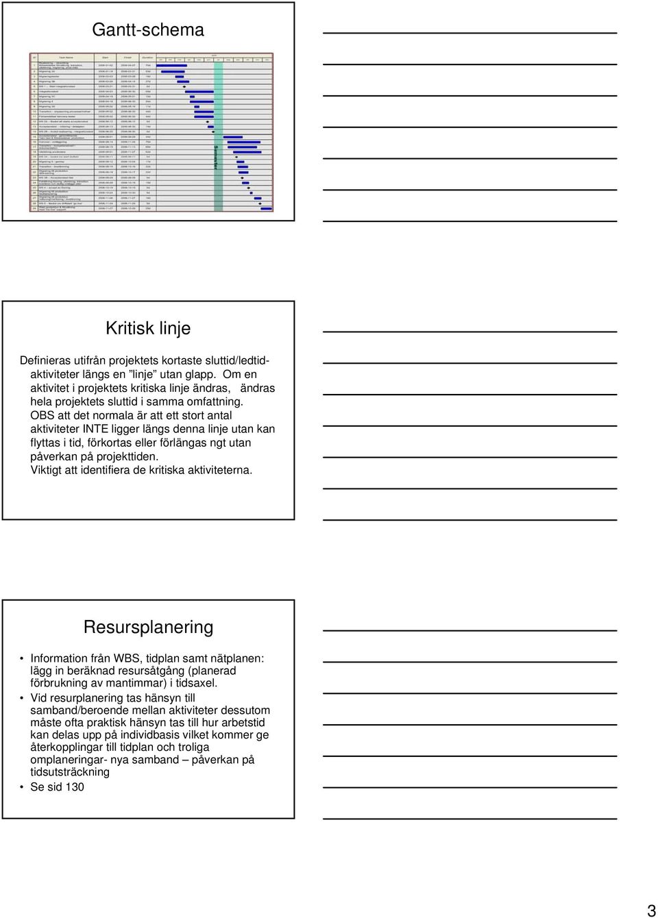 OBS att det normala är att ett stort antal aktiviteter INTE ligger längs denna linje utan kan flyttas i tid, förkortas eller förlängas ngt utan påverkan på projekttiden.