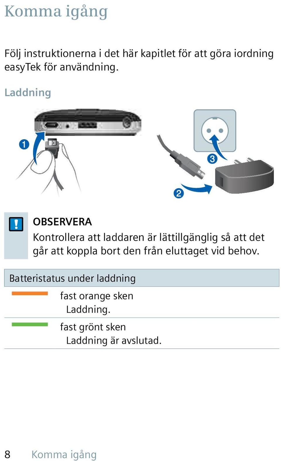 Laddning OBSERVERA Kontrollera att laddaren är lättillgänglig så att det går att