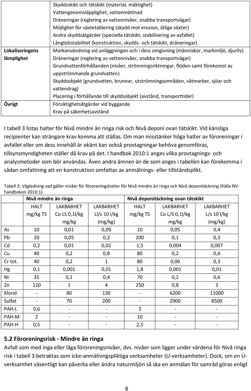 Markanvändning vid anläggningen och i dess omgivning (människor, markmiljö, djurliv) Dräneringar (reglering av vattennivåer, snabba transportvägar) Grundvattenförhållanden (nivåer,