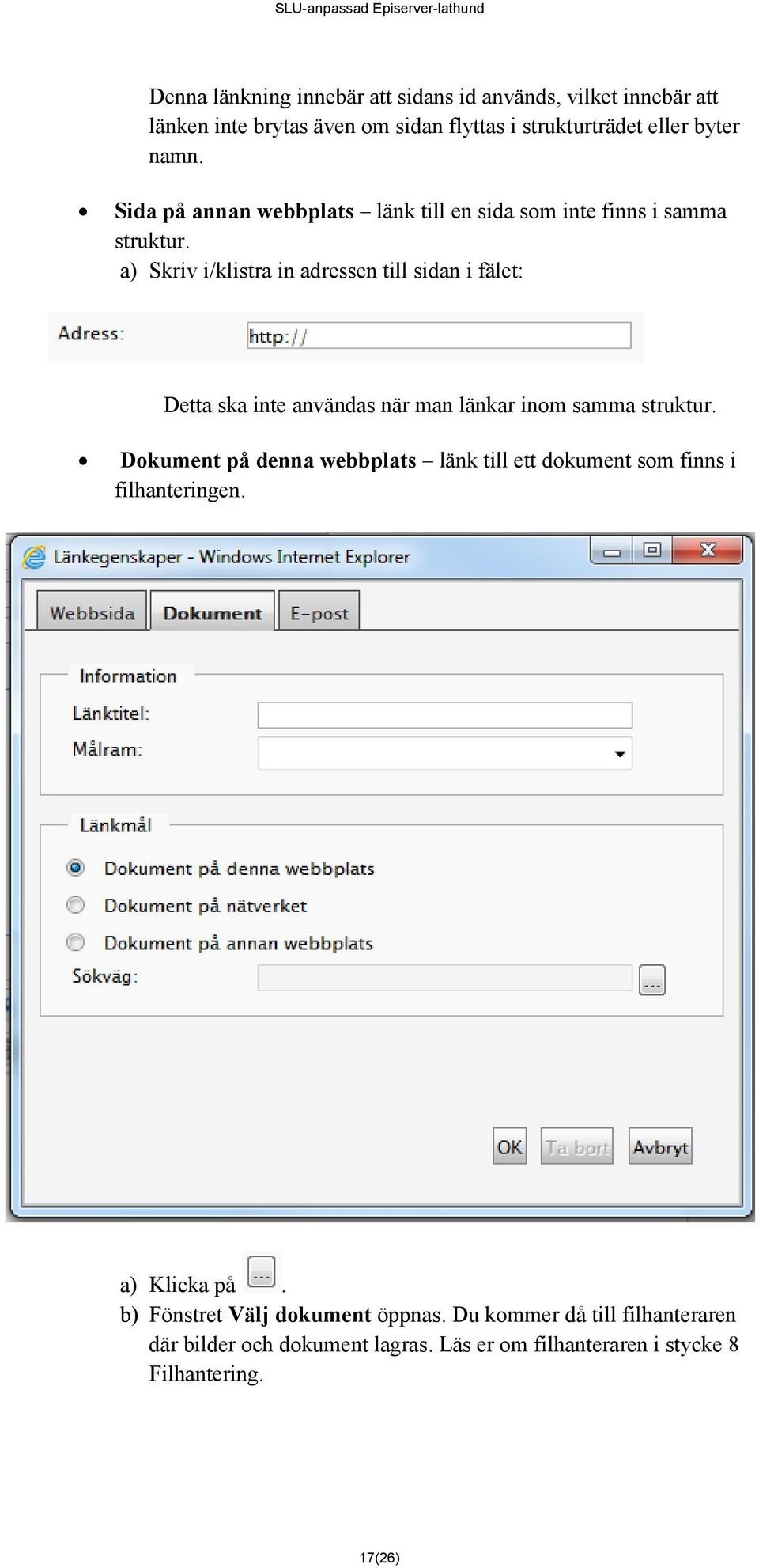 a) Skriv i/klistra in adressen till sidan i fälet: Detta ska inte användas när man länkar inom samma struktur.