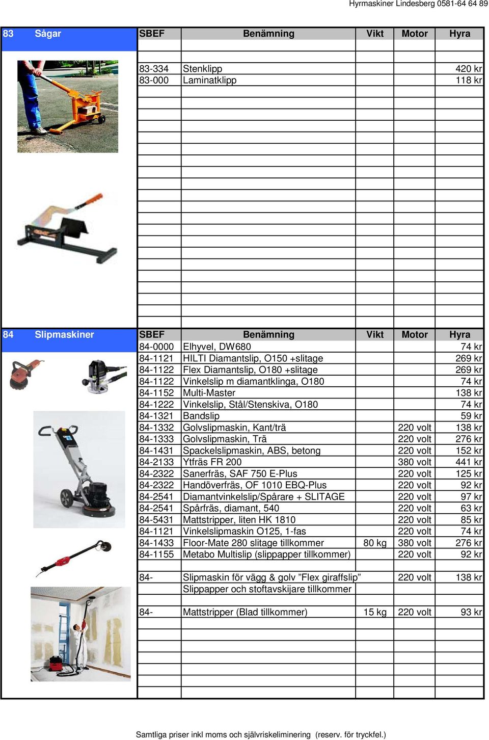 Bandslip 59 kr 84-1332 Golvslipmaskin, Kant/trä 220 volt 138 kr 84-1333 Golvslipmaskin, Trä 220 volt 276 kr 84-1431 Spackelslipmaskin, ABS, betong 220 volt 152 kr 84-2133 Ytfräs FR 200 380 volt 441