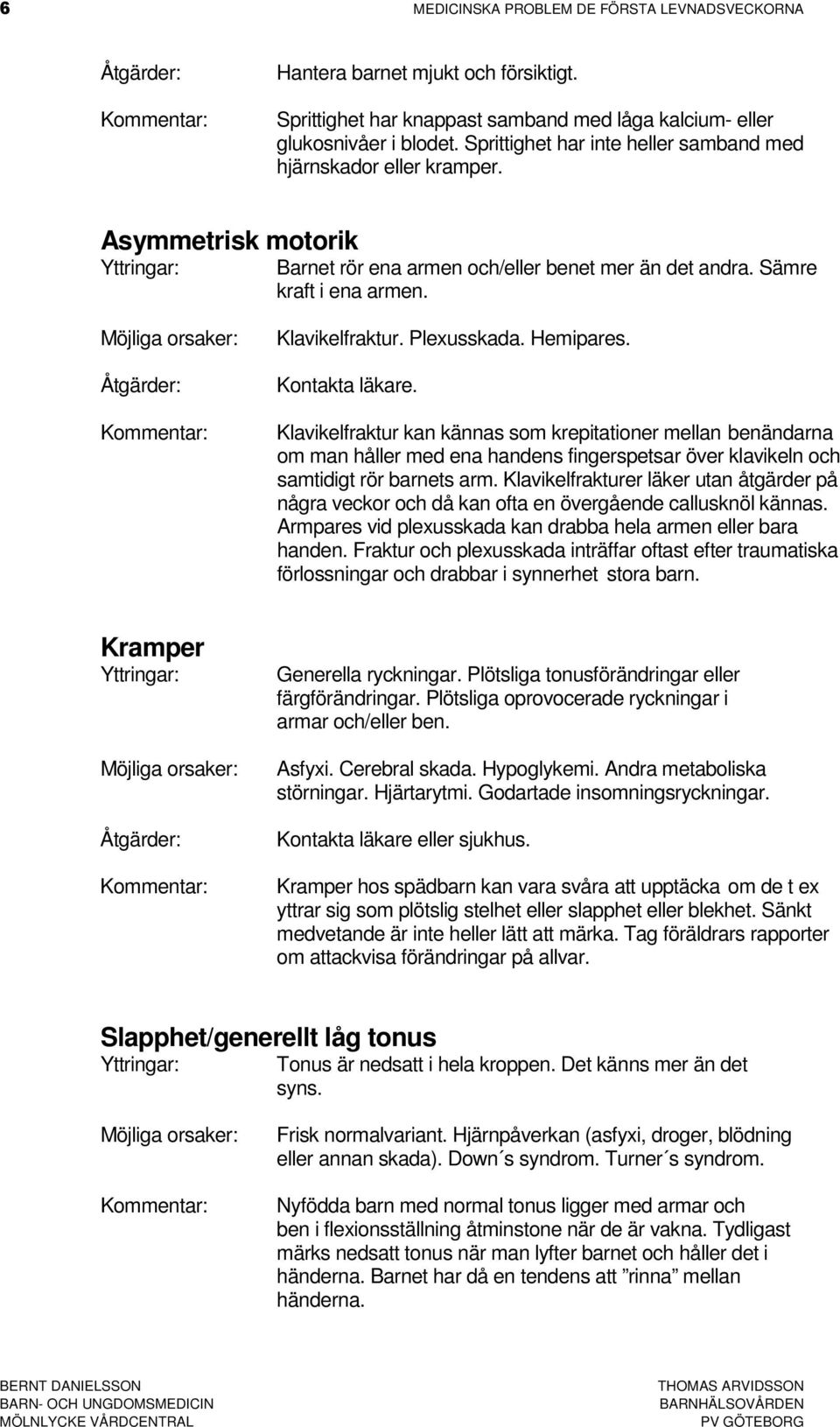 Hemipares. Kontakta läkare. Klavikelfraktur kan kännas som krepitationer mellan benändarna om man håller med ena handens fingerspetsar över klavikeln och samtidigt rör barnets arm.