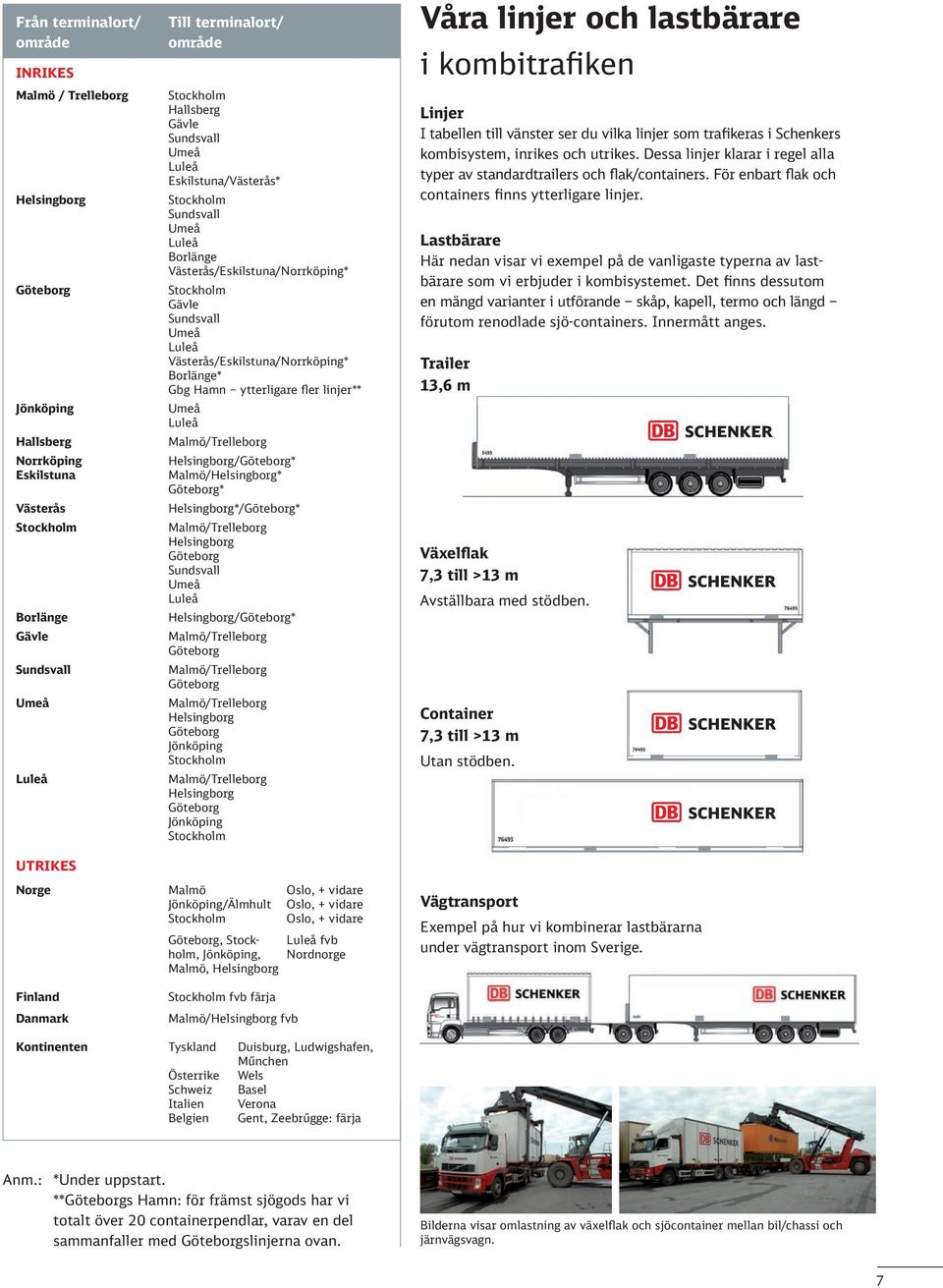 vänster ser du vilka linjer som trafikeras i Schenkers kombisystem, inrikes och utrikes. Dessa linjer klarar i regel alla typer av standardtrailers och flak/containers.