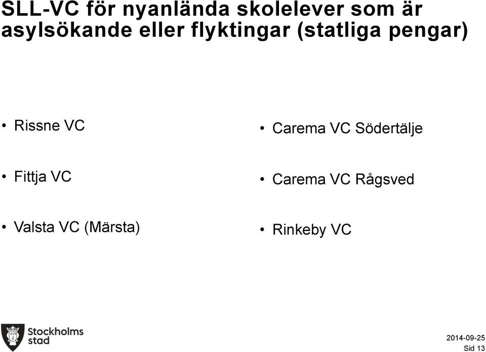 pengar) Rissne VC Carema VC Södertälje Fittja