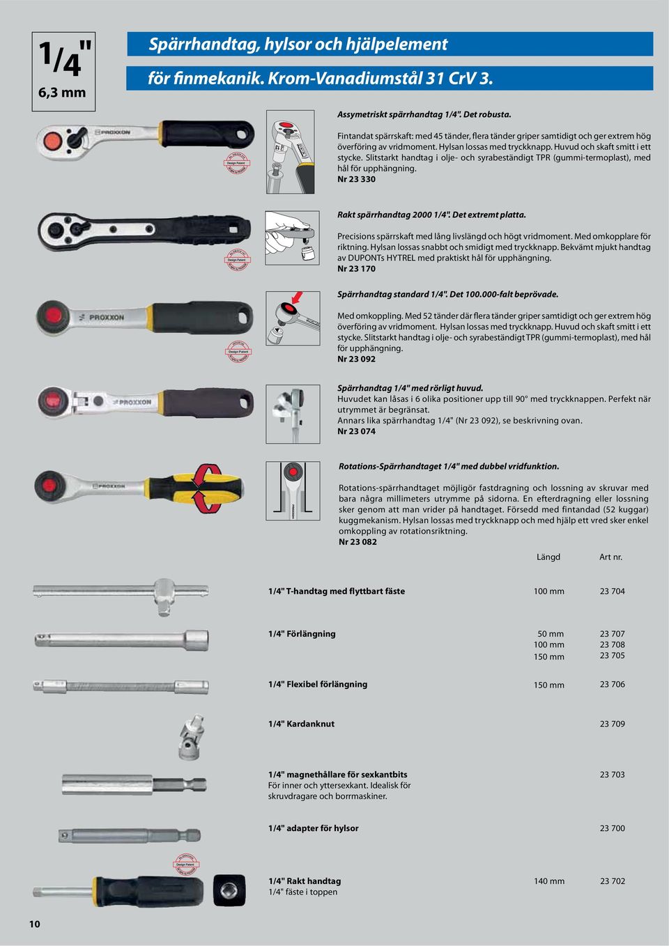 Slitstarkt handtag i olje- och syrabeständigt TPR (gummi-termoplast), med hål för upphängning. Nr 23 330 Rakt spärrhandtag 2000 1/4". Det extremt platta.