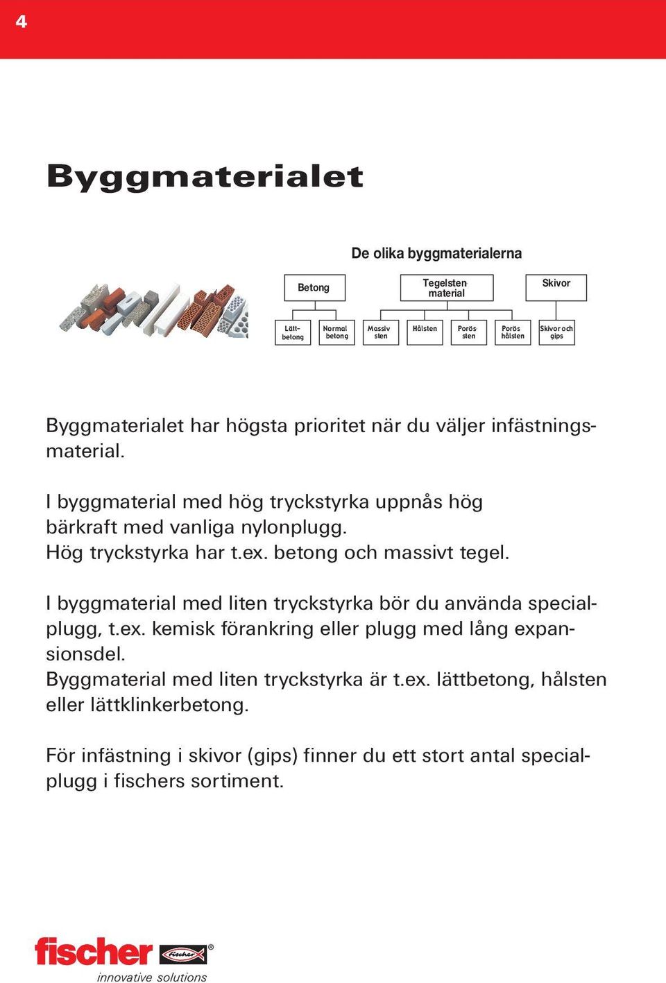 I byggmaterial med hög tryckstyrka uppnås hög bärkraft med vanliga nylonplugg. Hög tryckstyrka har t.ex. betong och massivt tegel. I byggmaterial med liten tryckstyrka bör du använda specialplugg, t.