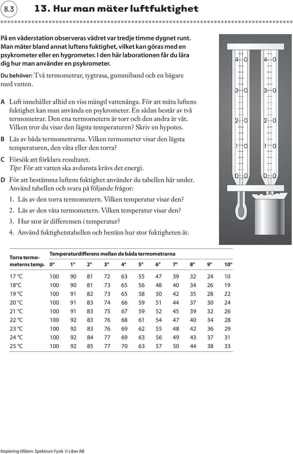 För att mäta luftens fuktighet kan man använda en psykrometer. En sådan består av två termometrar. Den ena termometern är torr och den andra är våt. Vilken tror du visar den lägsta temperaturen?
