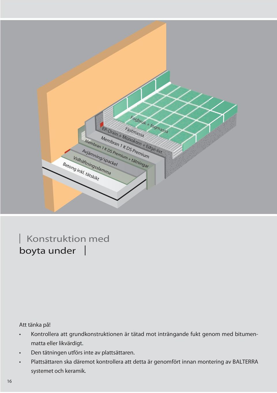 Kontrollera att grundkonstruktionen är tätad mot inträngande fukt genom med bitumenmatta eller likvärdigt.